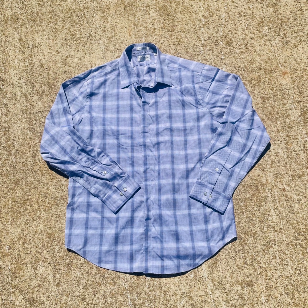 Calvin Klein Shirt Mens 17.5 Blue Premium Slim Fit Non-Iron Plaid Button Down